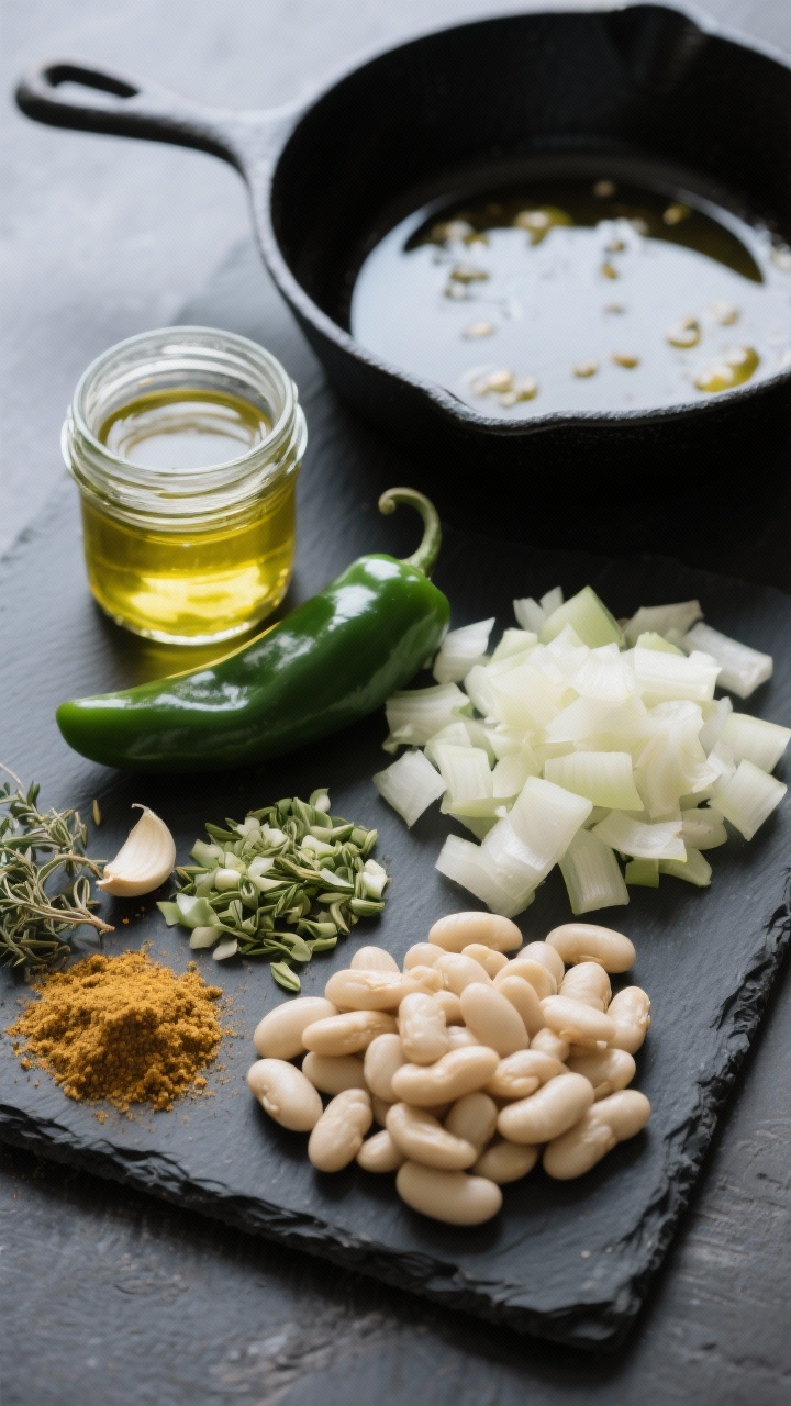 Close-up ingredient prep shot for dairy-free white chicken chili on a dark slate board. Neatly arranged piles: avocado oil in a small glass jar, diced medium onion, diced poblano pepper (seeded), minced garlic, ground cumin, ground coriander, a pinch of dried oregano, and drained white beans. A matte-black skillet with a light sheen of avocado oil sits to the side, ready to sauté. Colors are natural and clean: deep green poblano, off-white beans, golden spices. Crisp, modern lighting emphasizing a creamy-but-dairy-free concept.