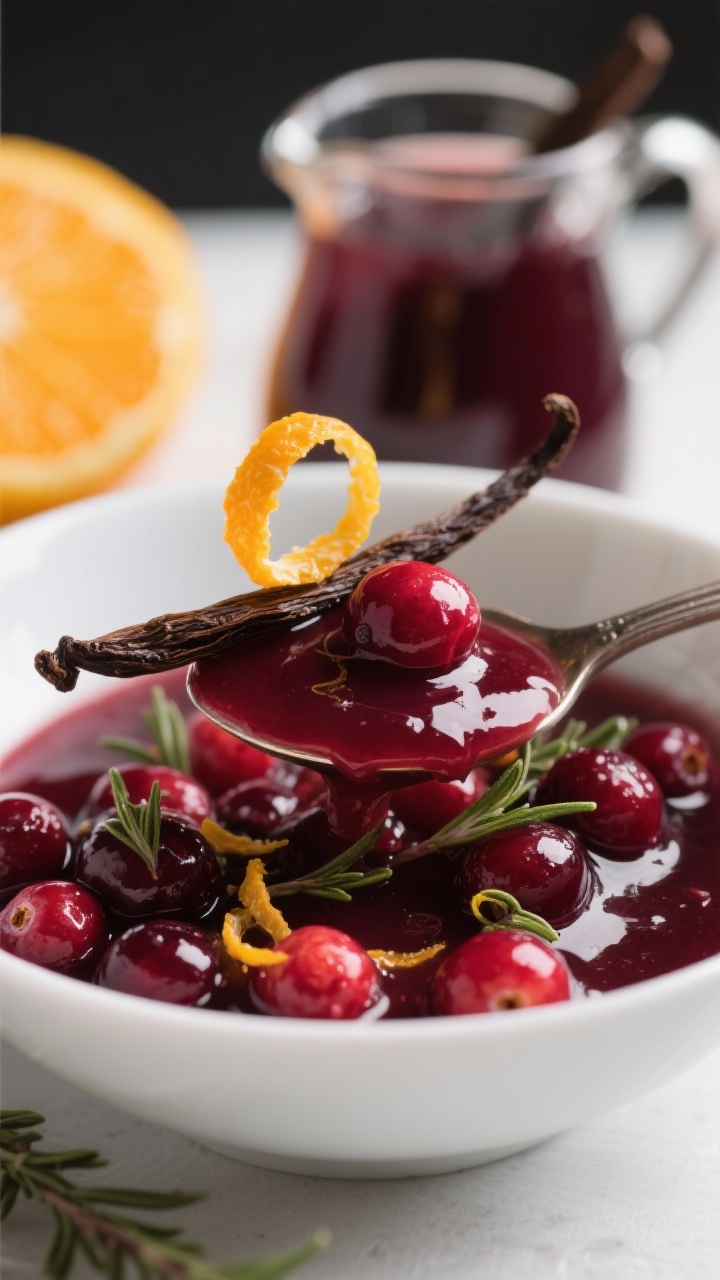 Close-up, macro-level shot of Cranberry-Orange Port Sauce with Vanilla and Thyme spooned into a small white bowl: whole cranberries bursting and glistening in a thick ruby sauce, tiny citrus zest threads and thyme leaves visible, with a deep garnet reflection from the ruby port. A thin curl of orange zest perched on top and a vanilla pod segment resting alongside. Shot straight-on to emphasize glossy texture and suspended berries, with a small pitcher of additional sauce blurred in the background and a wedge of orange to hint at freshness.