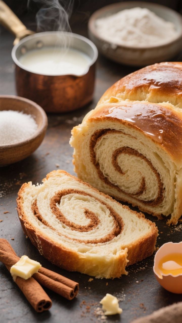 Close-up macro of a cinnamon swirl cloud loaf, showcasing ultra-soft, feathery crumb and dramatic cinnamon-sugar spirals; a slice slightly pulled away to show the tender texture created by tangzhong. Include a small saucepan with the tangzhong (milk and bread flour paste) cooling nearby, plus bowls of bread flour, sugar, instant yeast, fine salt, and a cracked egg. Warm, cozy lighting with faint steam, a cinnamon stick bundle, and a butter-brushed sheen on the crust to convey a hug-in-bread form.