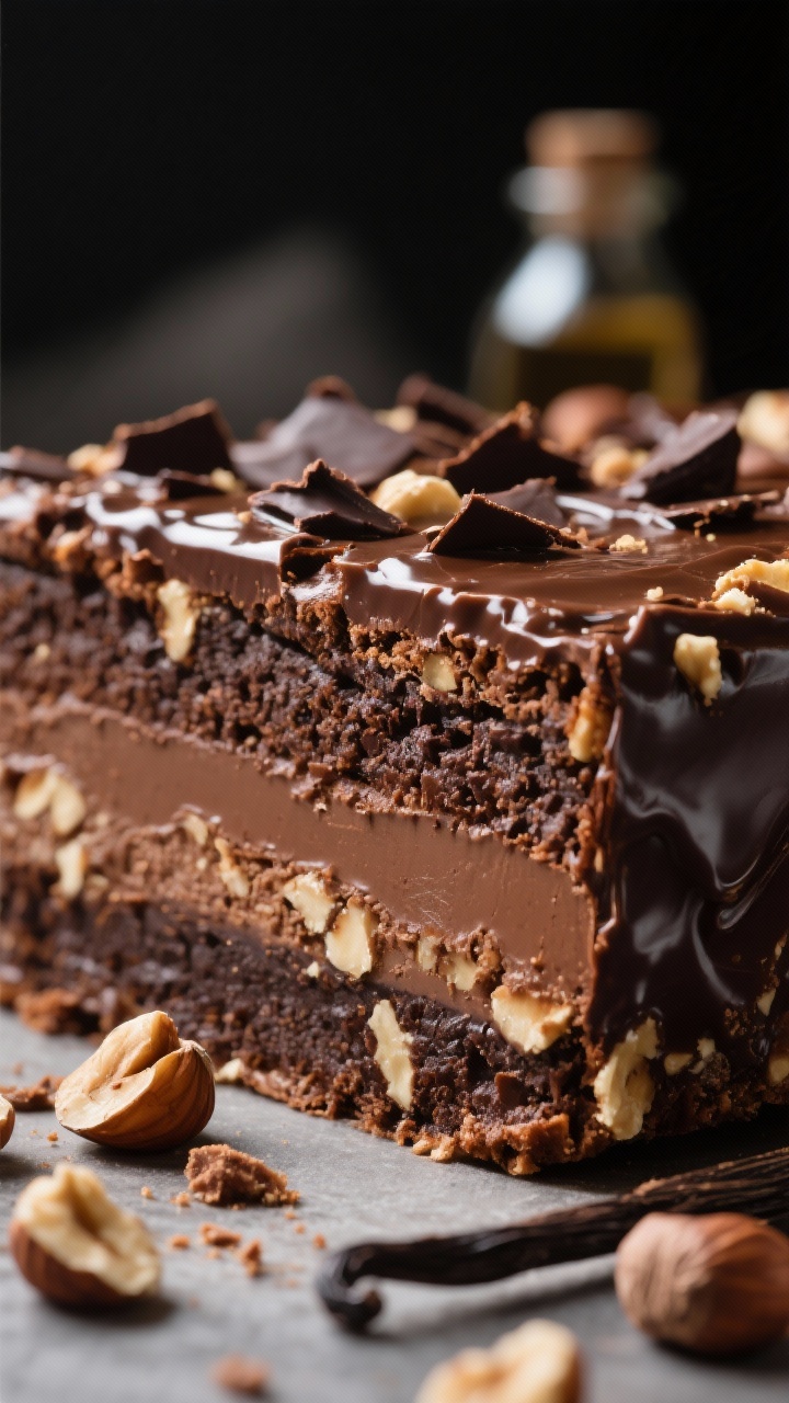 Close-up macro of a sliced Triple-Chocolate Hazelnut Crunch slab, straight-on to the cut edge: layers showing dense unsweetened chocolate brownie interior with studded hazelnut crunch, gleaming triple-chocolate accents (dark shards, milk flecks, and a soft drizzle), sugar-glossed top with delicate crackles; crumbs and toasted hazelnuts scattered in foreground, vanilla bottle blurred in background; dramatic side lighting to reveal texture and nutty crunch.