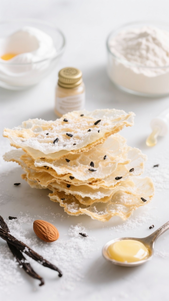 Close-up macro of “Almond Snow Wafers With Vanilla Bean Specks”: ultra-thin lacy wafers stacked and fanned, edges delicately golden, surfaces dusted with “snowy” granulated sugar. Visible black vanilla bean specks scattered across the translucent wafers; a small bottle cap of almond extract and a spoon with melted butter glistening nearby. Include ingredient hints: a clear bowl of foamy egg whites, a light scoop of all-purpose flour, and vanilla extract dropper. Cool, bright lighting to emphasize translucency and crisp texture, minimal props in soft white and pale gray. Emphasis on fragility and almond-vanilla aroma.