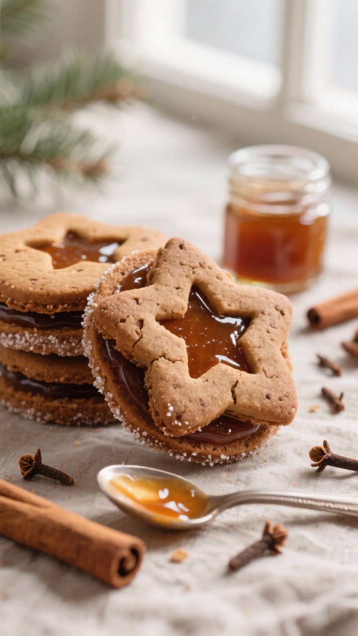 Close-up macro of brown butter gingerbread Linzer cookies sandwiched with cinnamon-rum jam; star-cut tops revealing the deep amber jam, edges sparkling with fine sugar; visible specks of warm spices in the cookie, slightly crackled surface from brown butter; a small jar of cinnamon-rum jam with a spoon trailing a ribbon of jam, cinnamon sticks and whole cloves scattered on a linen, soft window light for cozy holiday warmth.