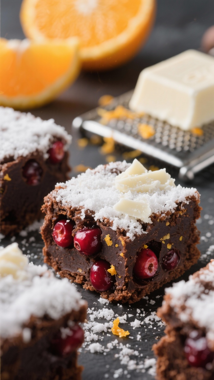 Christmas Brownie Bites That Are Perfect for Parties (and Disappear Fast) Close-up macro of Cranberry Orange Brownie Bites with “white chocolate snow”: fudgy bittersweet chocolate brownie interiors studded with ruby cranberries and flecks of orange zest, crowned with finely grated white chocolate that looks like fresh snow; in the soft-focus background, segments of fresh orange, a microplane with zest, and a bar of white chocolate; rich contrast between dark brownie and bright fruit, vibrant yet clean styling, subtle sparkle from sugar granules, tight framing for texture.