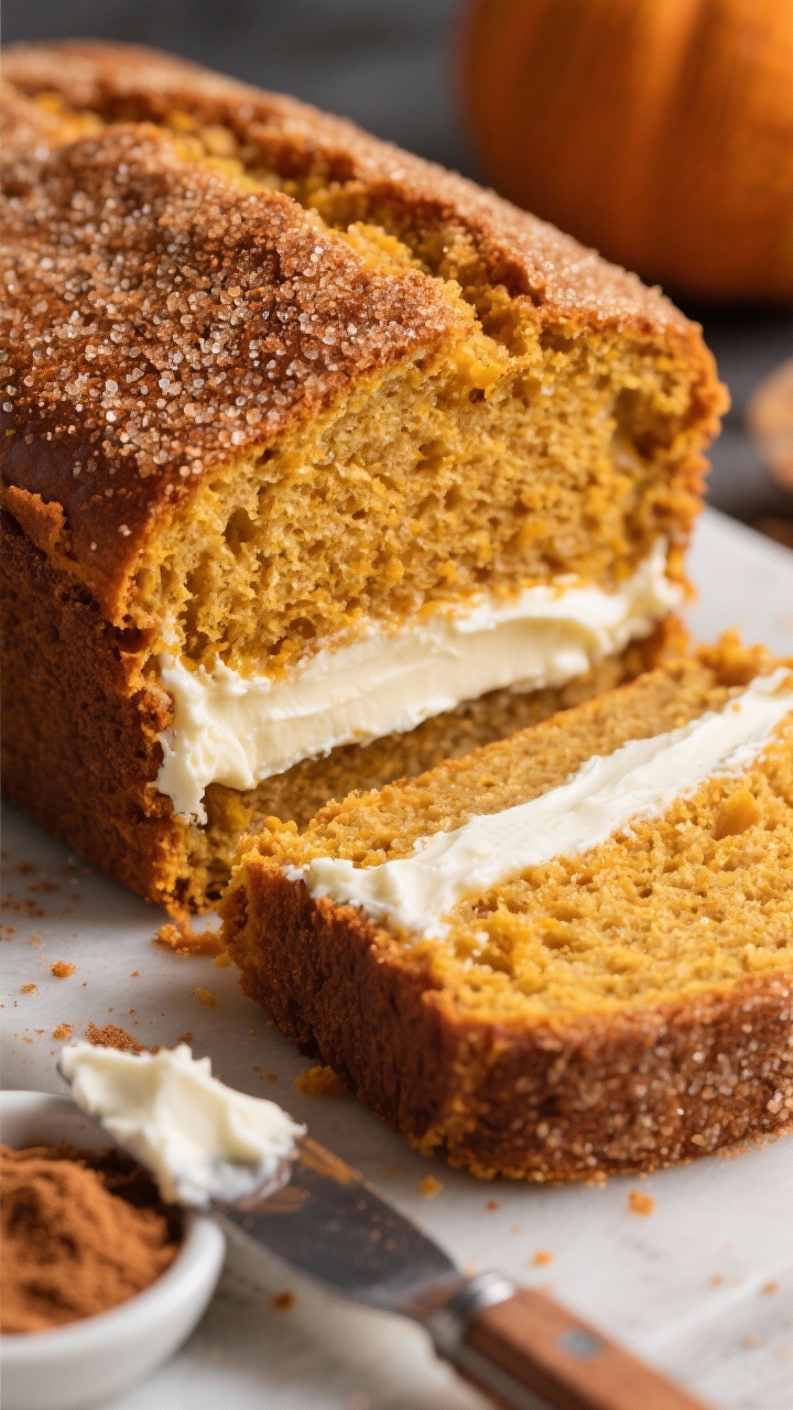 Close-up macro of Cream Cheese–Filled Pumpkin Bread with a cinnamon sugar lid: focus on a cut slice revealing a luscious, creamy white center running evenly through the loaf, topped by a sparkling cinnamon-sugar crust. Fine sugar crystals catch the light; the pumpkin crumb looks ultra-moist. Nearby, a small dish of cinnamon sugar and a spatula with a smear of cream cheese filling hint at the process. Warm, inviting tones, zero people, mouthwatering detail.