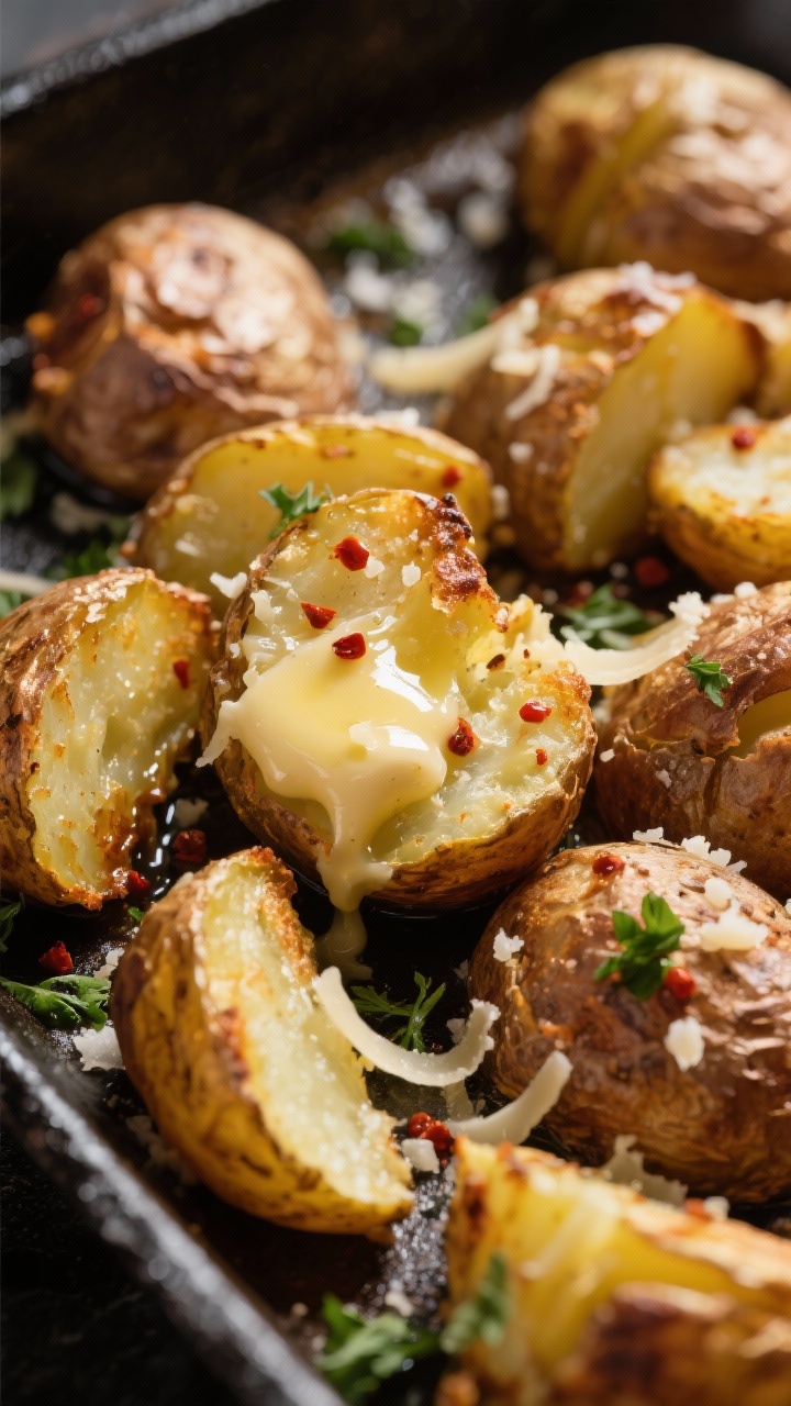 Close-up macro of crispy smashed potatoes: baby golds smashed, browned and craggy from hot olive oil, glossed with melted garlic-parmesan butter. Flakes of sea salt and optional crushed red pepper clinging to the ridges, grated Parmesan melting into the crevices, tiny parsley bits for freshness. Shot on a cast-iron sheet with dramatic side lighting to emphasize crunch.