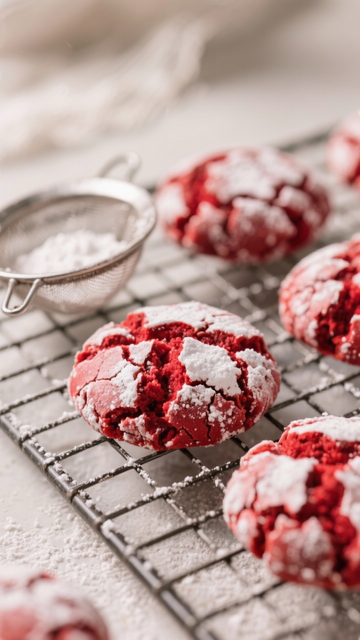 Close-up macro of festive red velvet crinkle cookies: vivid red cookies with dramatic, cracked powdered sugar coats, showing the cocoa-tinged interior where the red peeks through; cooling rack with a few cookies dusted freshly, a small sieve with powdered sugar beside; soft, diffused lighting to prevent glare and highlight crinkles.