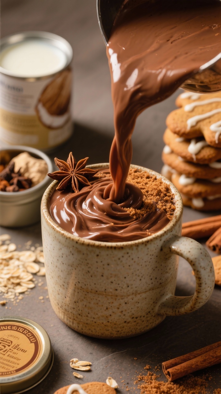 Close-up macro of Gingerbread Hot Cocoa being ladled into a stoneware mug, capturing thick, spiced cocoa ribbons; warm brown tones from brown sugar and cocoa, glossy melt from semisweet chocolate; styling elements: a tin of gingerbread spices (ginger, cinnamon, clove), a can of light coconut milk next to whole/oat milk, and a stack of gingerbread cookies with icing; sprinkle of ground cinnamon on top and a star anise accent; cozy, amber lighting to evoke cookie-shop vibes.
