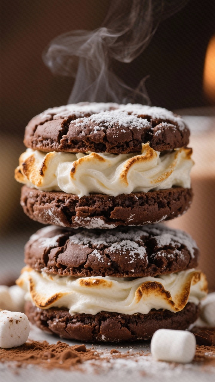 Close-up macro of Hot Cocoa Crinkle Sandwiches with Toasted Marshmallow Buttercream: two ultra-fudgy, powdered-sugar-crackled chocolate cookies sandwiching a thick swirl of toasted marshmallow buttercream, edges slightly oozing. Visible cocoa crinkle texture with dramatic fissures, golden toasted tips on the marshmallow filling, a few mini marshmallows and cocoa powder dusting in soft focus. Warm, cozy mood evoking hot cocoa, steam-like haze, rich chocolate tones, tight composition with creamy filling as focal point.