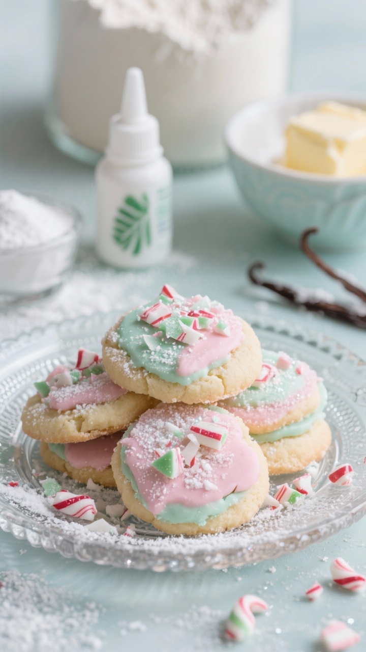 Close-up macro of Pastel Peppermint Meltaways on a vintage milk glass plate: ultra-tender, powdery cookies with a delicate pastel tint (pink and mint), topped with sparkling shards of crushed peppermint candy; powdered sugar softly dusted on the surface, tiny crackles visible; ingredients hinted in frame—powdered sugar, a dropper bottle of peppermint extract, vanilla, cornstarch, flour, and a bowl of butter; cool, wintry color palette with gentle backlight to make candy shards glisten.