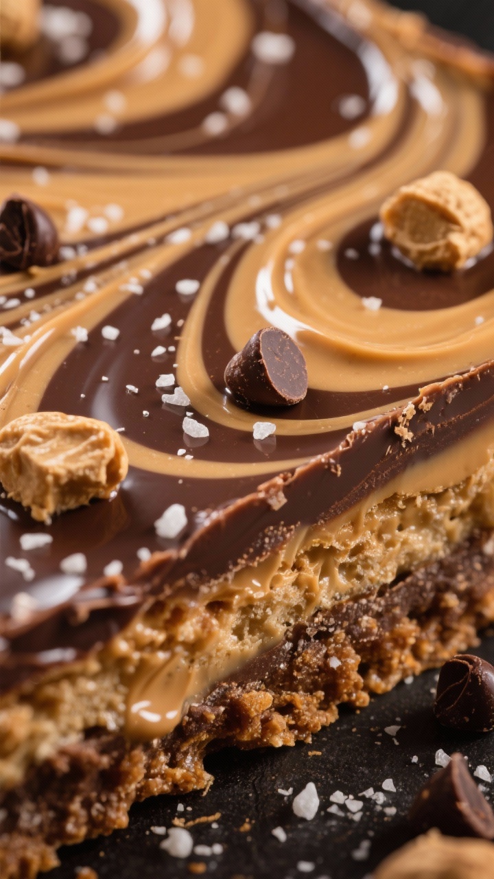 Close-up macro of Peanut Butter Cup Swirl Toffee just after swirling: ribbons of warm peanut butter melted into a half-dark, half-milk chocolate top layer, forming luscious marbling over a crisp toffee-saltine base; fine sea salt sprinkled lightly; a few mini peanut butter cup chunks and chocolate chips melting into the surface; shallow depth of field to emphasize creamy swirls and glossy sheen, warm, inviting light.