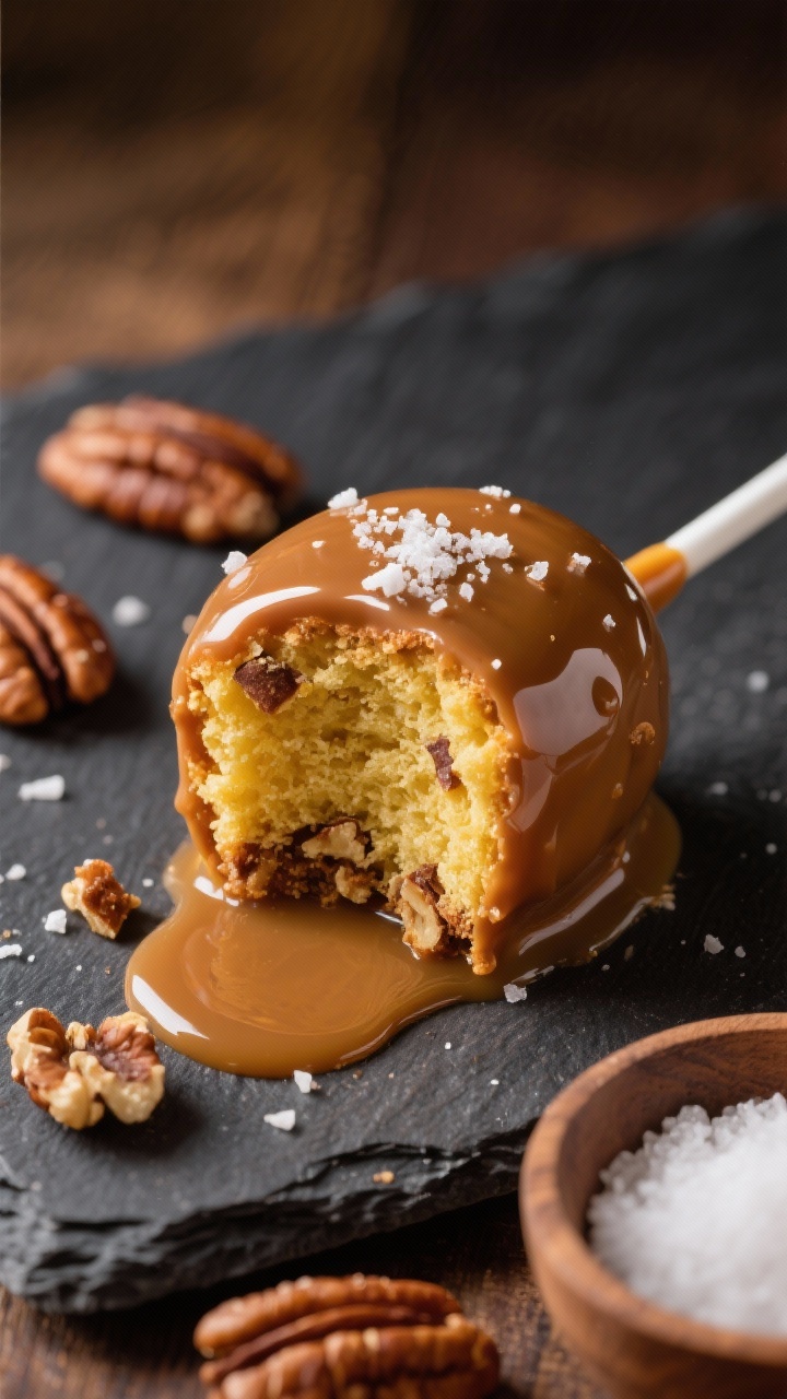 Close-up macro of Pecan Pie Crunch cake pops dipped in glossy salted caramel: caramel shells with tiny flakes of sea salt and visible speckles of cinnamon, one pop sliced to reveal moist yellow cake studded with finely chopped toasted pecans and brown sugar. A small pool of dripping caramel on a slate, scattered pecan pieces, and a pinch bowl of flaky salt in frame. Warm, rich tones with controlled reflections on the caramel, dramatic side lighting to emphasize texture and shine.
