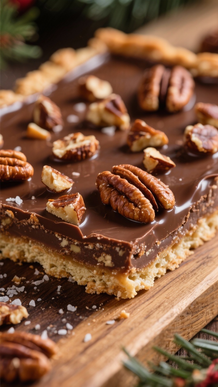Close-up macro of pecan pie praline toffee: saltine base under a rich dark brown sugar–butter toffee infused with pure maple syrup and vanilla, crowned with a thick layer of melted milk chocolate and a generous scatter of toasted pecan halves and praline-like shards; visible sticky sheen and crunchy texture; warm, cozy holiday styling on a rustic wood board.