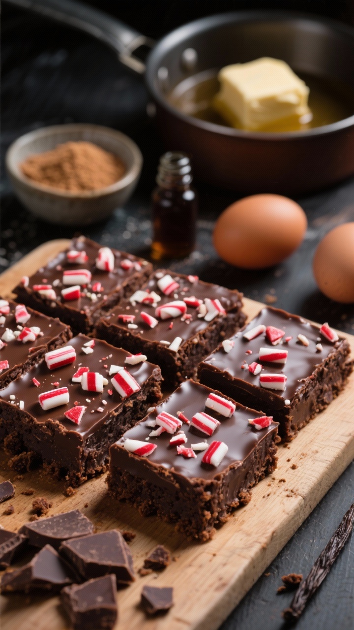 Classic Christmas Baking Ideas Everyone Will Love, With Zero Stress and Maximum Cheer Close-up macro of peppermint bark brownies cut into neat squares, showcasing fudgy middles and glossy bittersweet chocolate top studded with crushed candy cane pieces for festive crunch. Visible crackly top layer, moist interior crumbs on the cutting board. Include ingredients in soft focus: chopped bittersweet chocolate, a pat of unsalted butter melting in a saucepan, a bowl with granulated and brown sugar, two room-temperature eggs, and a vanilla bottle. Dark, dramatic lighting to enhance chocolate sheen and red-white peppermint contrast.
