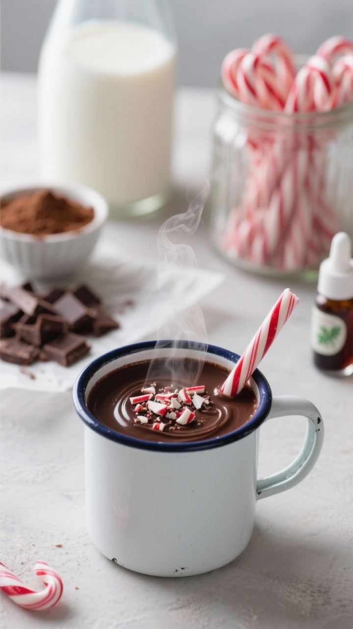 Close-up macro of peppermint stick cocoa in a white enamel mug, ultra-glossy dark chocolate surface with faint ripples, garnished with crushed candy cane shards and a full peppermint stick perched on the rim. Ingredients subtly staged behind out of focus: 4 cups whole milk, 1/2 cup heavy cream, chopped dark chocolate (60–70%) on parchment, 2 tablespoons cocoa powder, a small bowl of sugar, and a dropper bottle of pure peppermint extract. Cool-toned holiday palette with hints of red and white, steam rising, Grandma’s candy jar in the background filled with peppermint sticks for nostalgic charm.