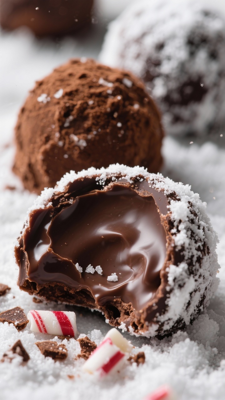 Close-up macro of Snow-Dusted Chocolate Peppermint Truffles: glossy truffle spheres rolled in a trio of coatings—powdered sugar “snow,” deep cocoa powder, and crushed candy cane bits—showing fine texture and peppermint sparkle; a broken truffle revealing silky ganache made from semisweet chocolate, heavy cream, butter, peppermint extract, and a pinch of sea salt; low, soft light for rich chocolate tones, shallow depth of field for luxurious focus