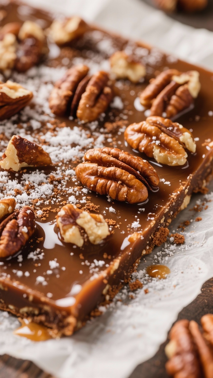 Close-up macro of Walnut Maple Toffee with “cinnamon sugar snow”: saltine slab coated in dark brown sugar–butter caramel enriched with pure maple syrup, studded with chunky toasted walnuts; a fine snowfall of cinnamon sugar dusting the surface, with a few extra granules visible on the parchment; warm amber hues, inviting sticky shine, soft backlight accentuating texture and maple gloss, steam-kissed warmth implied, ultra-detailed crumb and nut textures.