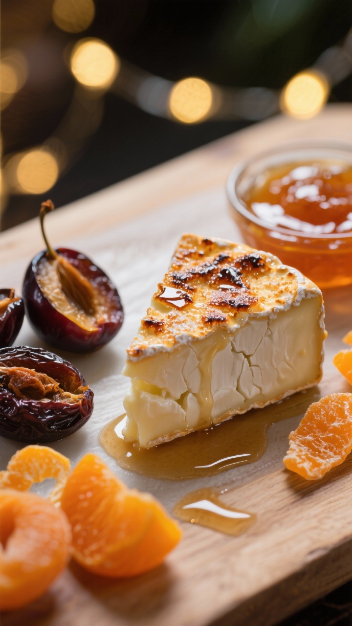 Close-up macro shot of a Sugar-Plum dessert board featuring brie brûlée: a small triple-cream brie with a glassy, caramelized sugar crust cracked slightly to reveal oozing interior. Arrange halved dried plums (prunes), dried apricots, candied orange peel, and orange marmalade nearby for dipping. Warm, dessert-bar mood with bokeh fairy lights in the background, glossy highlights on the brûléed top, sticky-sweet textures, and rich creams and ambers; shallow depth of field for irresistible allure.