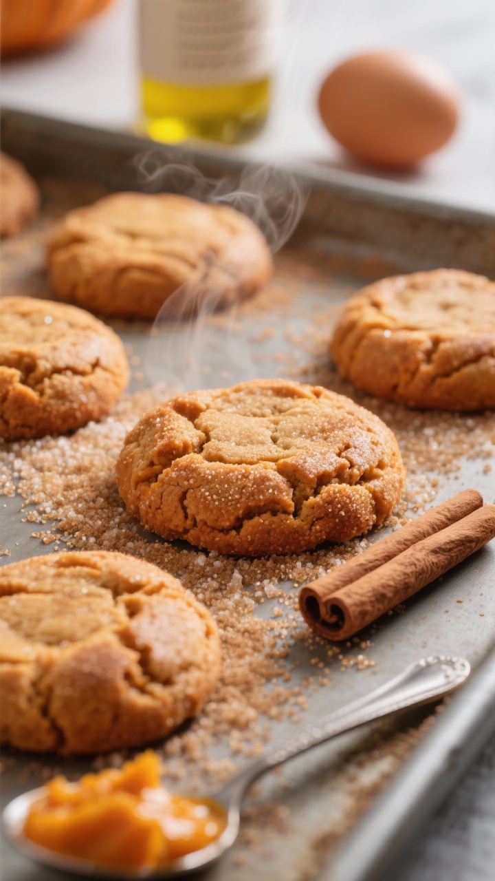 Close-up macro shot of Pumpkin Spice Snickerdoodles mid-bake on a sheet pan: pillowy cookies with a dramatic cinnamon-sugar crackle, warm orange hue from pumpkin puree; granulated sugar and light brown sugar crystals visible on the surface; include a small spoonful of pumpkin puree and a cinnamon stick at the edge of frame; shallow depth of field to emphasize the craggy, crinkled tops; cozy autumn mood with soft steam and warm-toned lighting, ingredients hinted: neutral oil bottle and a single egg in the blurred background.
