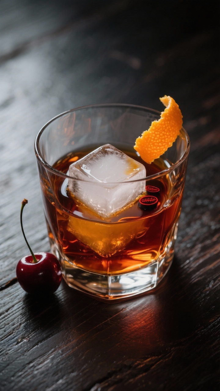 10 Festive Thanksgiving Drinks Everyone Will Love (and Ask You for the Recipe) Close-up, moody bar-scene shot of a Maple Bourbon Old Fashioned in a heavy rocks glass with a single large clear ice cube, deep amber bourbon hue, glossy swirl of pure maple syrup clinging to the ice, two dashes Angostura bitters visible as a faint reddish tint; orange peel expressed and perched on the rim, a single Luxardo cherry resting beside the cube; dark wood surface, low, directional light highlighting reflections.