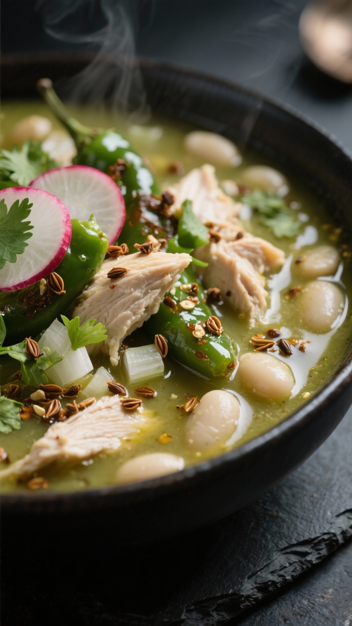 Close-up, moody detail shot of spicy Hatch chile white chicken chili with toasted cumin: whole cumin seeds blooming in oil visible as tiny browned specks on the glossy surface; tender chicken pieces and white beans nestled in a pale green, chile-forward broth; roasted, peeled, and chopped Hatch chiles (or fire-roasted green chiles) clearly identifiable; finely chopped onion softened through; garnished with thin radish slices and cilantro; dark slate background, directional side light to accent steam and spice oils for an intense, aromatic feel.