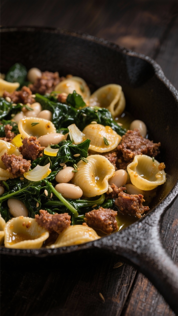 Close-up, moody skillet shot: cozy orecchiette with crumbled Italian sausage (sweet or hot), wilted kale ribbons, and creamy white beans nestled in the pasta’s cups; caramelized bits on the sausage, finely chopped yellow onion and minced garlic clinging to glossy orecchiette; a hint of fennel seeds visible; finished with a drizzle of olive oil; rustic cast-iron pan on a dark wooden table for warmth and depth.