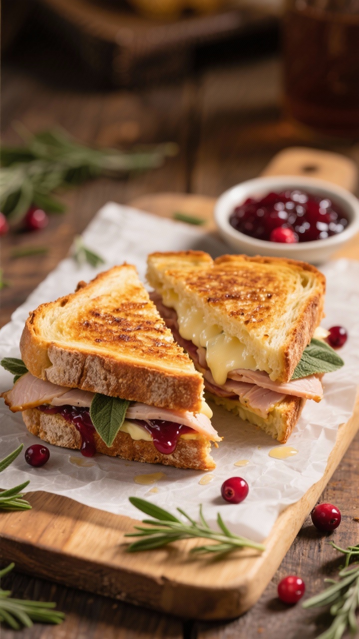 Close-up of a Cranberry-Turkey Grilled Cheese on sturdy sourdough, cut in half to reveal oozy brie, thin slices of turkey, ribbons of cranberry sauce, and seared sage leaves. Golden, buttery crust with crispy edges. Placed on a parchment-lined board, a small dish of cranberry sauce and fresh sage scattered around, warm directional light.