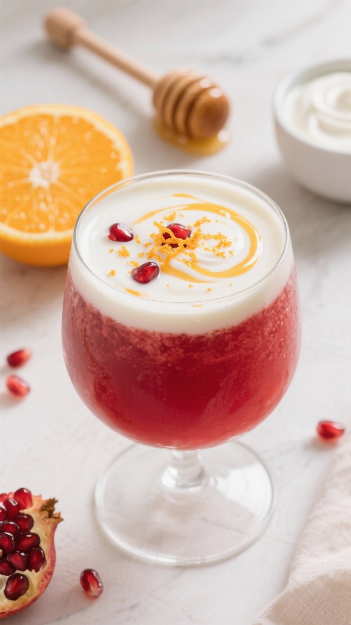 Close-up of a creamy pomegranate orange lassi punch poured into a stemless glass: luscious whole-milk yogurt blended with chilled pomegranate juice and fresh orange juice, sweetened with a drizzle of honey. Silky texture with soft swirls visible, honey thread still settling on top. Garnish with a fine dusting of orange zest and a few pomegranate arils. Background props include a honey dipper, a halved orange, and a small bowl of yogurt on a light, airy brunch setting.
