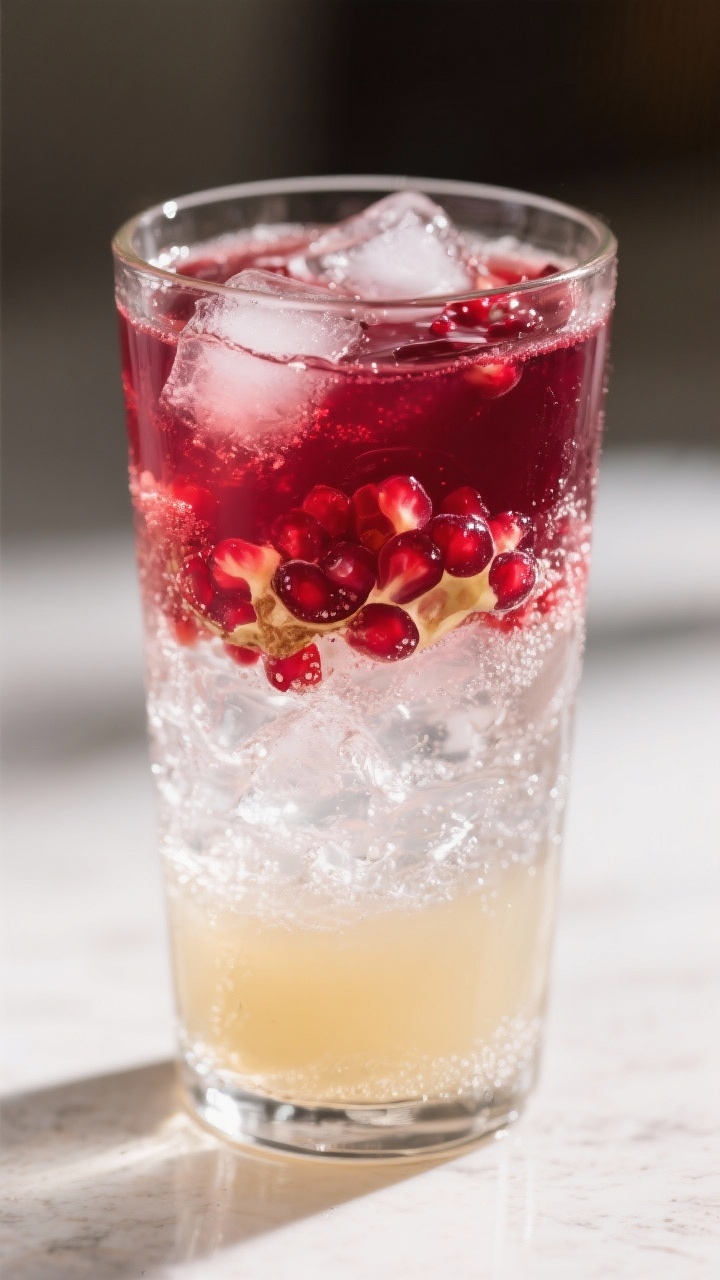 10 Festive Thanksgiving Drinks Everyone Will Love (and Ask You for the Recipe) Close-up of a Pomegranate Ginger Spritz in a tall Collins glass packed with ice: jewel-toned pomegranate juice layered with clear soda water or pale ginger beer,