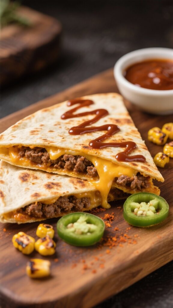Cozy Leftover Bbq Beef Turned Into 4 Easy Fall Dinners close up of cheesy beef quesadillas with chipotle drizzle: golden, blistered flour tortillas cut into triangles, cheese pull revealing melted mexican blend with seasoned ground beef (chili powder, cumin, onion powder); creamy chipotle drizzle zigzag on top, a few charred corn kernels and jalapeño slices for pop, on a warm wooden board with a small bowl of chipotle sauce, shallow depth of field.