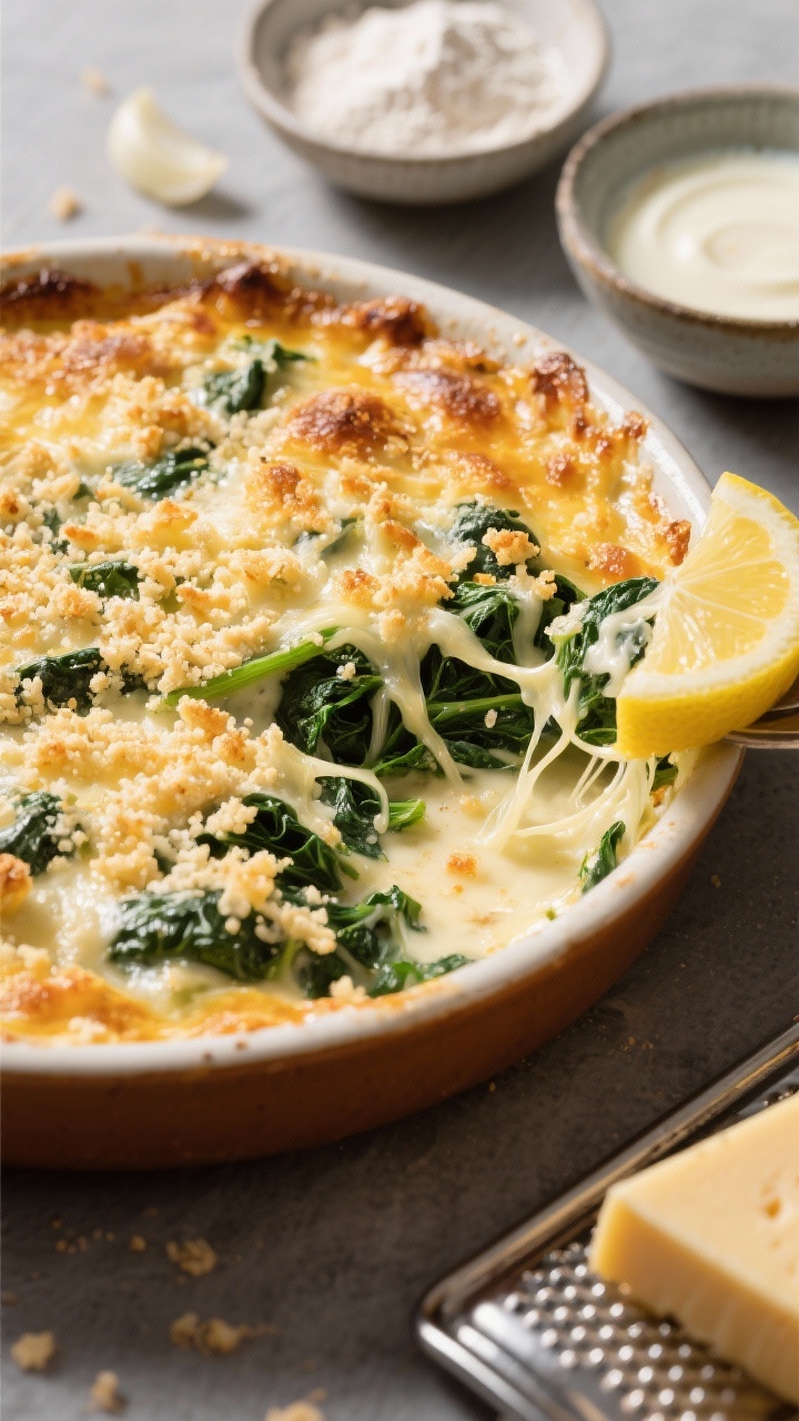 Close-up of Creamed Greens Gratin With Gruyère And Lemon Breadcrumbs in a round gratin dish, bubbling at the edges; silky spinach/kale/chard beneath a deeply golden, Gruyère-melted top, scattered with crunchy lemony breadcrumbs; strands of cheese pull slightly as a corner is served; ingredients staged subtly: minced shallot, flour, warmed milk and heavy cream in small bowls, and a wedge of Gruyère on a grater; shot at a 45-degree angle to highlight texture contrast between creamy greens and crisp topping.
