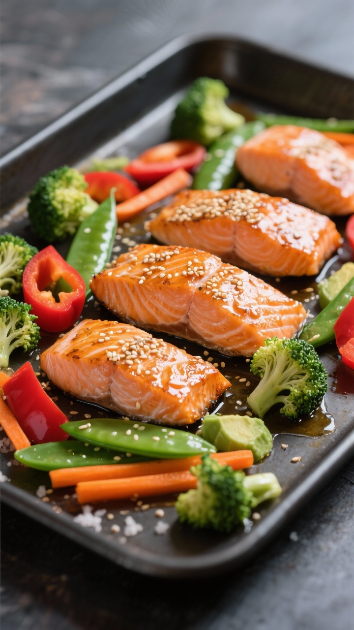 Healthy One-pan Meals for a Stress-free Week You’ll Actually Crave Close-up of ginger-sesame salmon with rainbow veggies: four skin-on salmon fillets with lacquered, crisped edges, sprinkled sesame seeds; surrounded by broccoli florets, snap peas, red bell pepper slices, and thin carrot matchsticks, lightly glossed with avocado/olive oil and salt; shallow depth of field highlighting flaky salmon and glossy vegetables, 45-degree angle on a dark sheet pan for contrast, bright, fresh, Asian-inspired styling.
