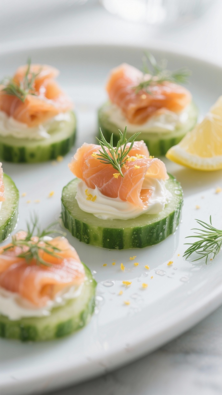Close-up of Nordic smoked salmon cucumber rounds: thick 1/2-inch English cucumber slices topped with a swirl of lemon-dill cream (cream cheese blended with sour cream), folded ribbons of cold-smoked salmon, and delicate dill fronds with micro lemon zest sprinkled on top. Cool, Nordic palette with sea-glass greens and salmon coral tones; subtle condensation on cucumbers, silky salmon texture emphasized. Shot straight-on at plate level for height, soft window light, minimal props—just a lemon wedge and dill sprigs.