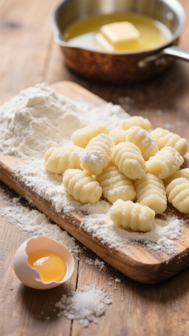 Close-up of pillowy potato gnocchi on a floured wooden board, ridged pieces dusted with flour, a small mound of all-purpose flour, a cracked egg well, and a pinch of kosher salt visible; a saucepan of melted butter in the background ready for tossing, warm afternoon light, shallow depth of field emphasizing the tender texture.