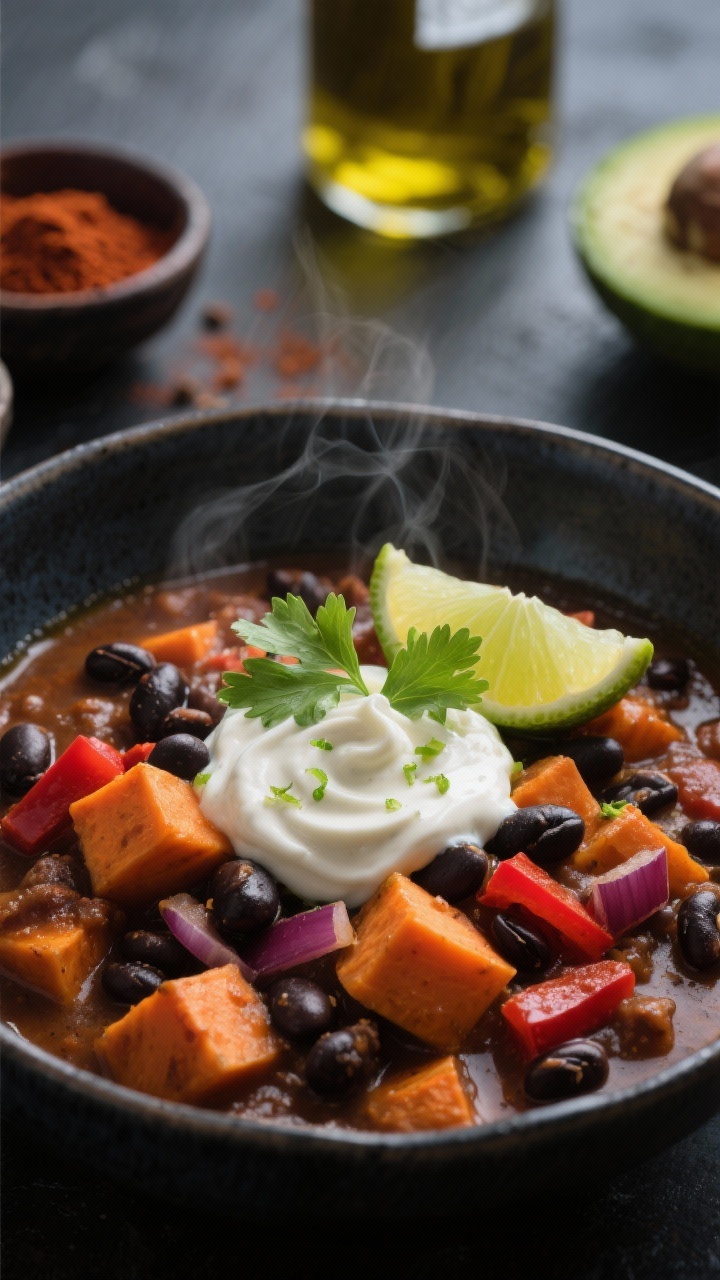 Close-up of Smoky Black Bean & Sweet Potato Stew with Lime Crema in a dark ceramic bowl: chunky cubes of vibrant orange sweet potato, glossy black beans, red onion and red bell pepper pieces suspended in a thick chili- and cumin-scented, smoked paprika-kissed sauce. A generous dollop of lime crema swirled on top with lime zest, cilantro leaves, and a wedge of lime at the rim. Background elements: small bowls of chili powder and smoked paprika, bottle of avocado oil. Moody contrast lighting, visible steam, mouthwatering texture.