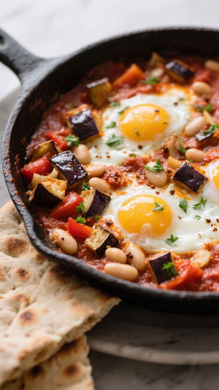Close-up of smoky eggplant and white bean shakshuka: chunky diced eggplant sautéed with onion, red bell pepper, garlic, smoked paprika, cumin, and coriander in a rich tomato base; creamy white beans folded through; eggs poached in the sauce with just-set whites and runny yolks; served straight from a cast-iron skillet with warm whole-grain pita on the side and a sprinkle of parsley.