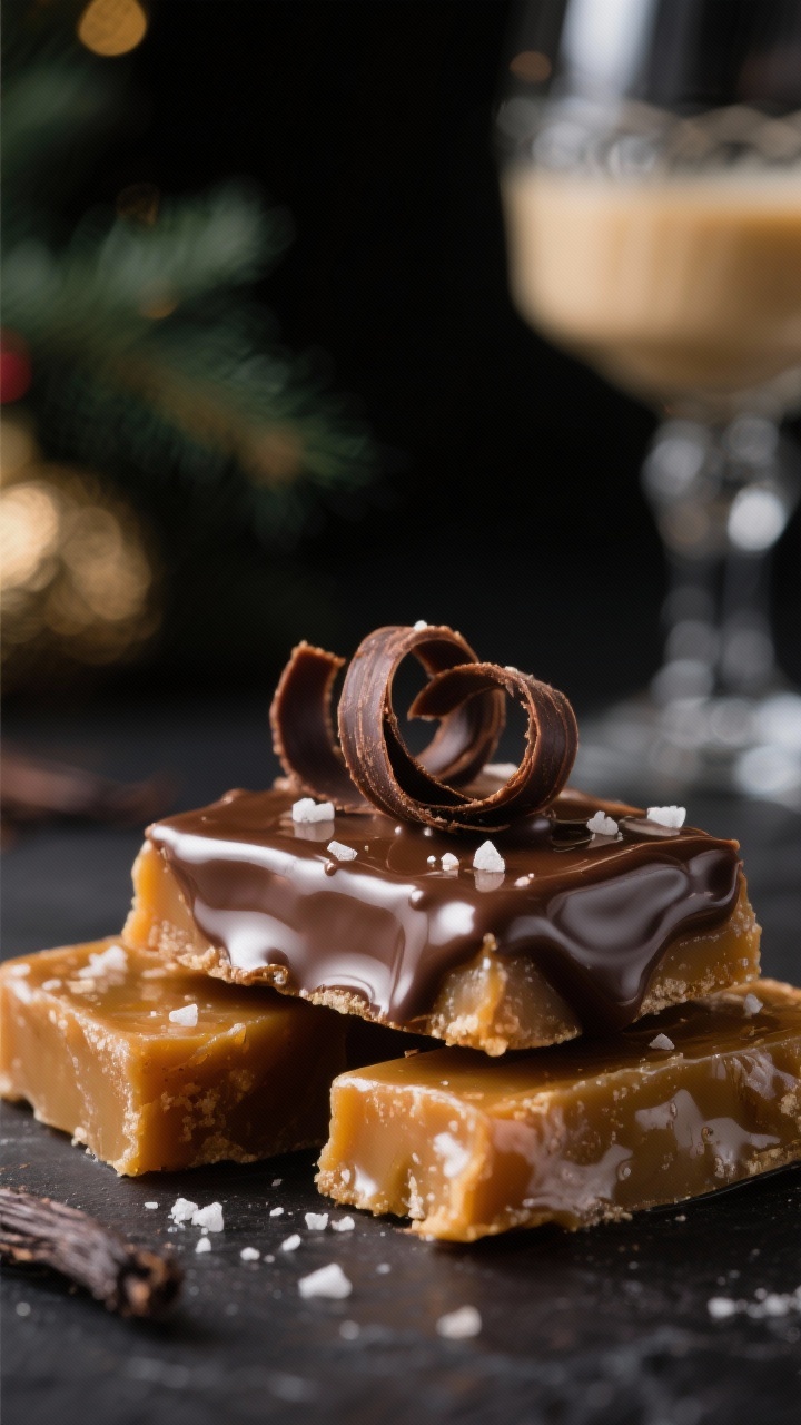 Close-up of spiked Irish cream toffee for grown-ups: glossy toffee made with Irish cream liqueur and vanilla, topped with silky chocolate lightly infused with a touch more liqueur (optional), finished with delicate chocolate curls and a pinch of flaky salt; shallow depth of field to emphasize sheen; elegant dark backdrop, holiday glassware blurred far behind.
