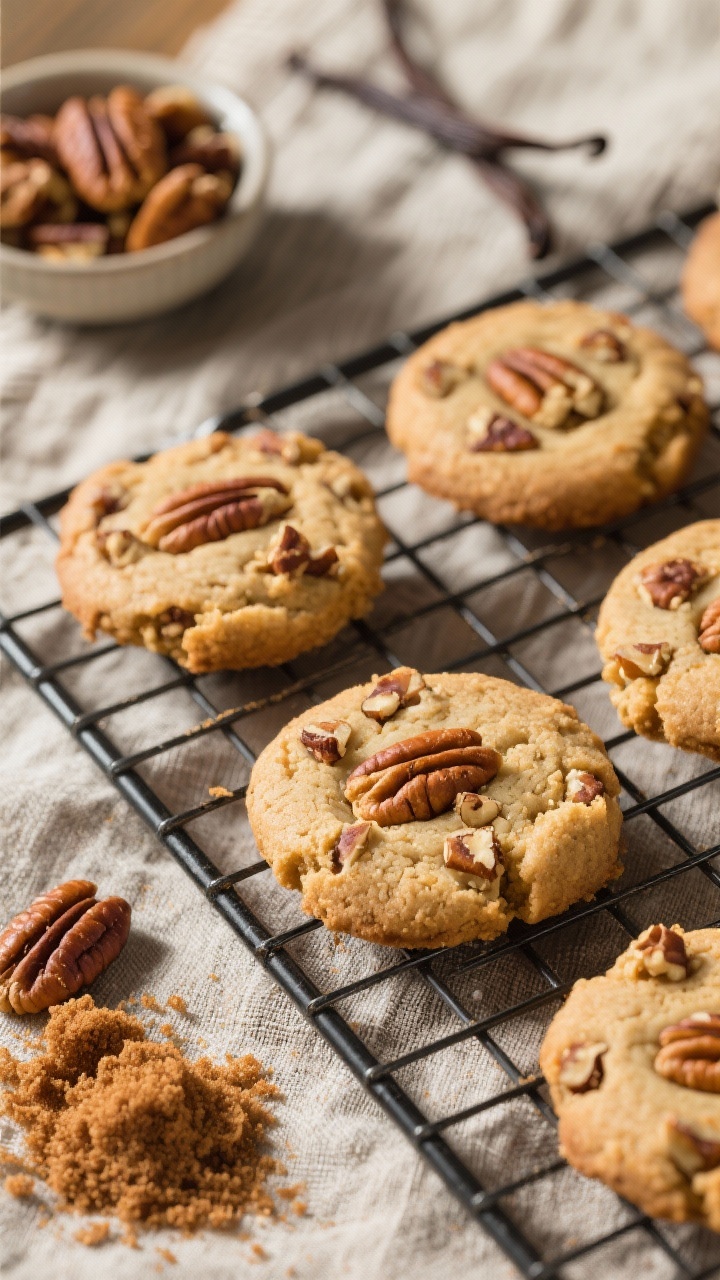 Close-up overhead of brown sugar butter pecan sandies on a cooling rack, sandy shortbread texture with visible chopped toasted pecans, faint golden edges; ingredients sprinkled around: brown sugar clumps, vanilla, and a small bowl of pecan pieces on a rustic linen.