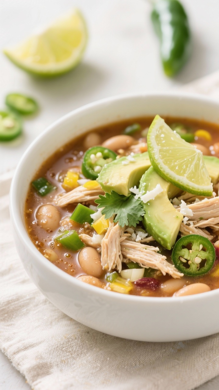 Close-up plated bowl for “Light and Bright Citrus-Lime Chicken Chili With Avocado”: shredded chicken breast and great northern beans in a light, zesty broth with diced green chiles, flecks of yellow onion and garlic; topped with ripe avocado slices, fresh cilantro, thin lime wheels, and a sprinkle of cotija; glossy highlights and tiny bubbles on the broth surface, bright daylight, white ceramic bowl on a pale linen with lime halves and jalapeño slices in the background, crisp and refreshing vibe.