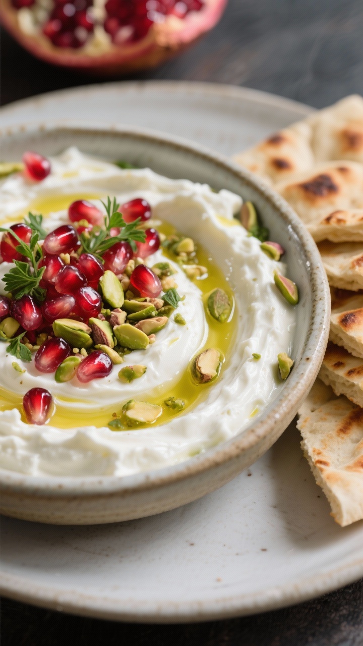 Close-up plated dip spread: herby whipped feta blended with Greek yogurt, olive oil, lemon juice, and a hint of garlic, swirled into a shallow ceramic bowl with a glossy olive oil finish; topped generously with ruby pomegranate arils and crushed pistachios, sprinkled with fresh herbs; served with stacks of warm, lightly charred pita wedges to the side; creamy, airy texture emphasized, vibrant contrast of white feta, green pistachios, and red pomegranate.