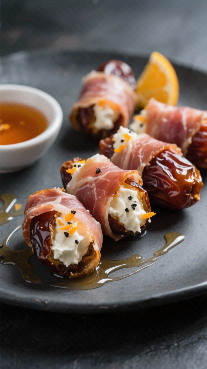 Close-up plated presentation: Prosciutto-wrapped Medjool dates stuffed with whipped goat cheese and cream cheese, flecks of black pepper and a kiss of orange zest visible in the creamy filling; the prosciutto crisped at the edges and glazed with a thin drizzle of hot honey that beads and glistens; arranged on a matte charcoal platter with a small bowl of extra hot honey and a citrus twist; shallow depth of field to emphasize sticky-salty-sweet textures.