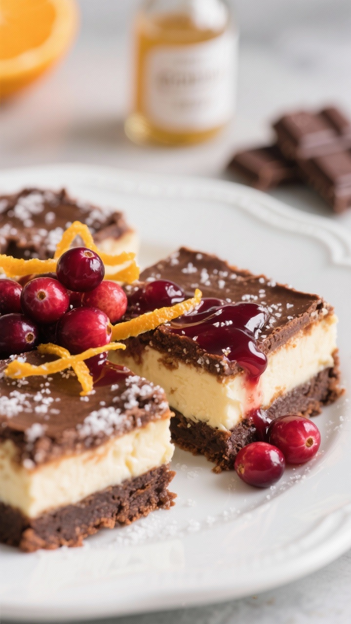Close-up plated shot of Cranberry Orange Cheesecake Brownie Bars: neat bars with a fudgy semisweet brownie base, creamy cheesecake layer rippled with cranberry-orange compote, and a sparkle of coarse sugar on top. Garnish with fresh cranberries and thin curls of orange zest; show vanilla extract bottle and chopped chocolate blurred in the background. Macro texture detail on the glossy berry swirl and sugared sparkle, cool daylight on a white ceramic plate.