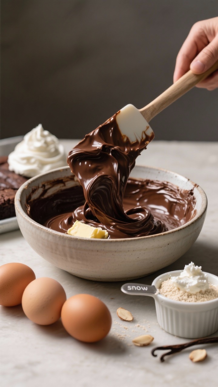 Close-up process shot: Gluten-free fudgy brownie batter being folded in a bowl, melted semi-sweet chocolate and unsalted butter creating a silky sheen, with 3 room-temperature eggs and vanilla extract ready beside a measuring cup of blanched almond flour. Capture the texture ribboning off a spatula, and a ramekin of cream cheese “snow” frosting in the background to hint at final decoration. Neutral background, moody side light to emphasize gloss and thickness.