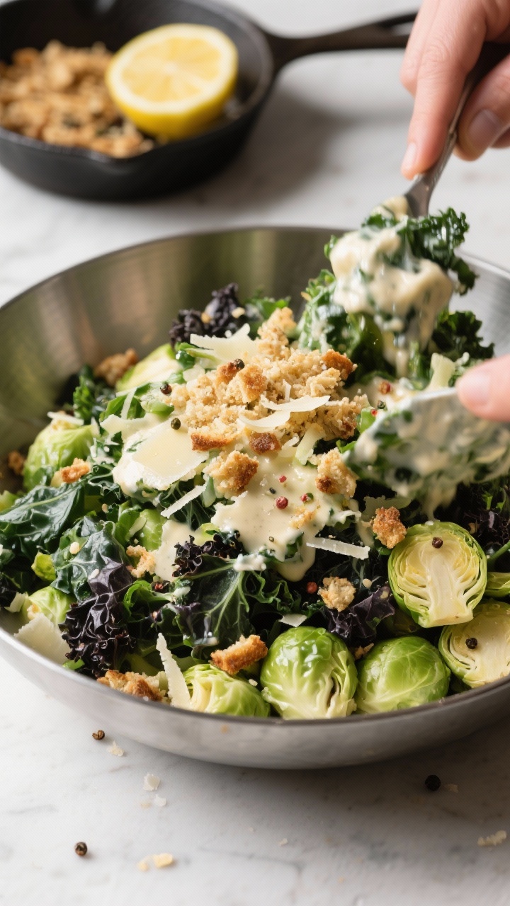 Thanksgiving Salad Ideas That’ll Steal the Show From the Turkey Close-up process shot straight-on: a mound of finely shaved Brussels sprouts and lacinato kale in a stainless bowl being tossed with creamy Caesar dressing, topped with crunchy garlicky sourdough crumbs glistening from olive oil. Visible ribbons of dark Tuscan kale among pale-green sprouts, flecks of pepper, and grated Parmesan on the rim. Background elements: a small skillet with toasted crumbs and a lemon half. Tight depth of field, crisp texture detail, no hands.