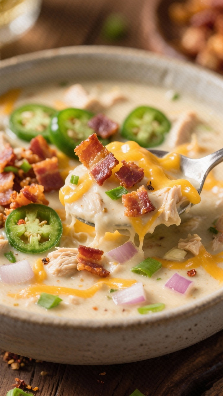 Close-up, shallow depth-of-field shot of one-pot jalapeño popper white chicken chili, ultra-creamy surface with visible chopped crispy bacon, butter-glossed diced onion, minced jalapeños with a few seeds for heat, minced garlic, and ground spices; cheese melt strands integrating into the chili for indulgent texture; garnished with crumbled bacon, sliced jalapeños, and a scatter of green onions; photographed in a matte stoneware bowl with a spoon lifting a rich, cheesy bite; cozy, warmly lit party vibe.