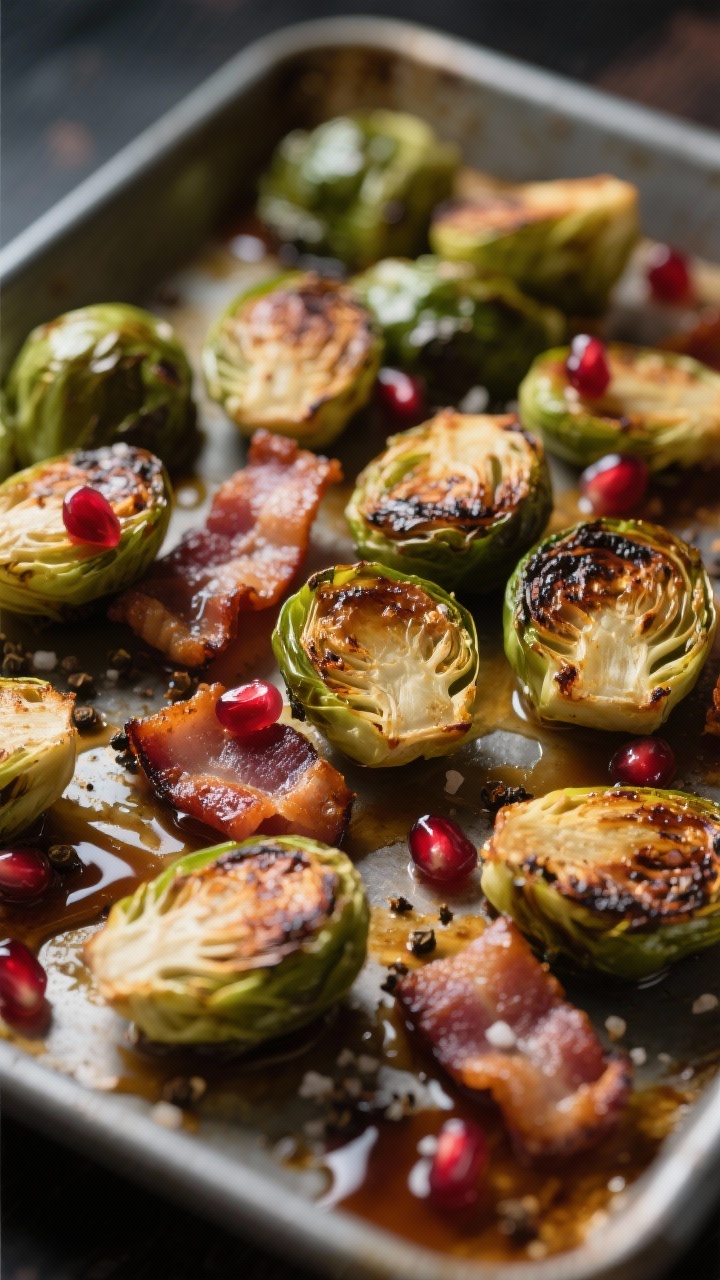 Close-up sheet-pan of roasted Brussels sprouts: halved sprouts with charred edges, interspersed with crisped thick-cut bacon pieces. A warm balsamic glaze drizzled over, a few glossy pomegranate arils scattered for jewel-toned pop, and a faint sheen of olive oil. Kosher salt and cracked black pepper visible; moody lighting to emphasize caramelization and texture.