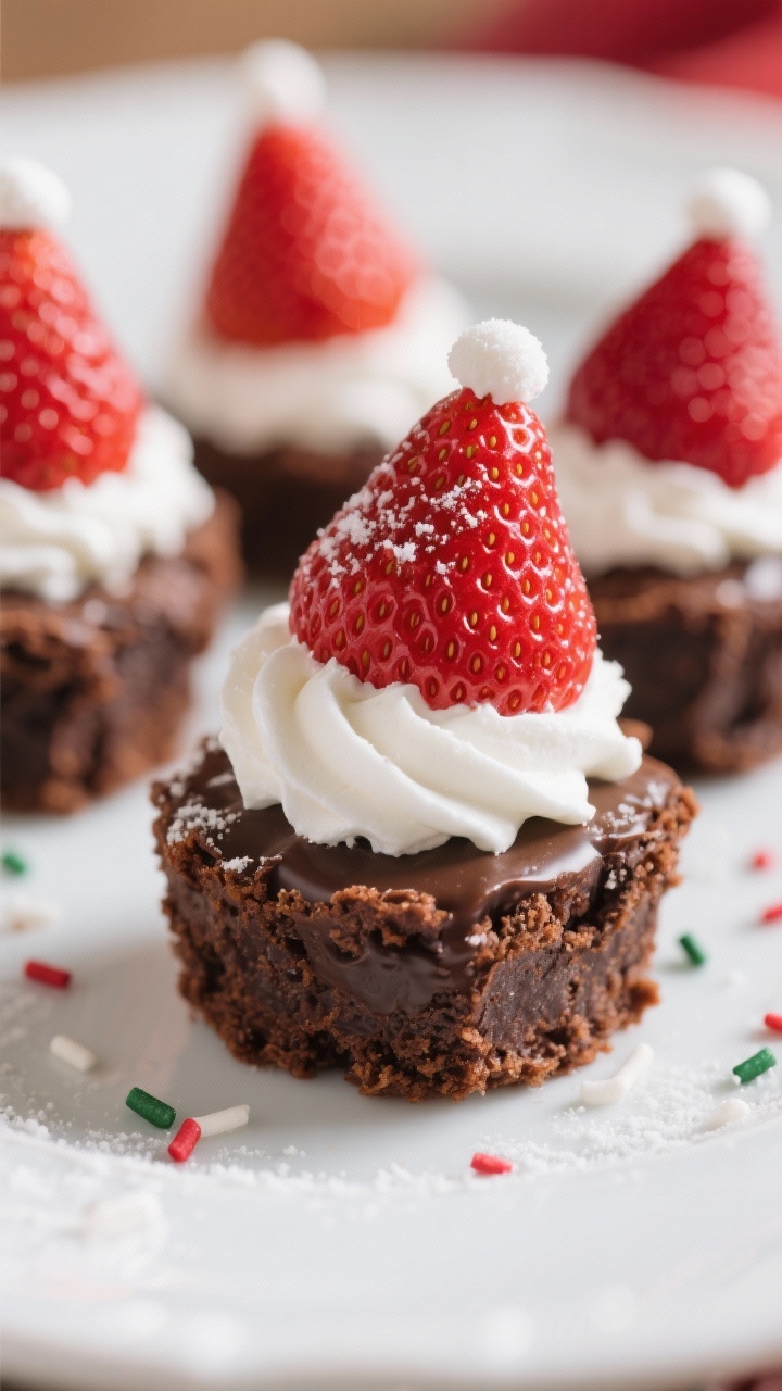 Close-up shot of Santa Hat Strawberry Brownie Bites: moist mini brownie bites crowned with a piped swirl of softly whipped cream (heavy cream whipped with powdered sugar and vanilla), topped with hulled strawberries like Santa hats, and a tiny dot of cream at each strawberry tip; optional festive sprinkles scattered sparingly on the plate; glossy highlights on the chocolate crumb, vivid red strawberries, and pillowy white cream; shallow depth of field for decadent, bakery-quality allure.