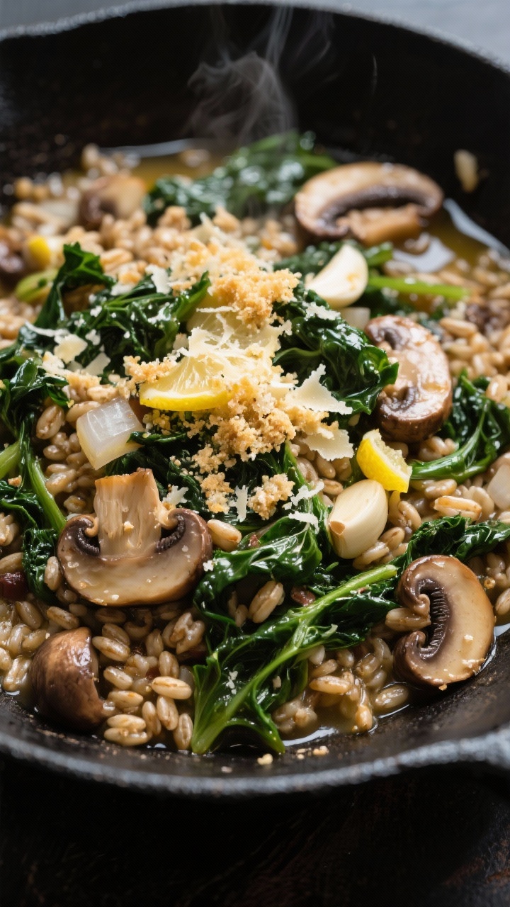 Close-up skillet shot of hearty farro, kale, and mushroom medley: pearled farro simmered in vegetable broth until plump, tossed with sautéed cremini mushrooms, diced onion, and garlic; ribbons of wilted kale folded through; topped with a lemon-Parmesan breadcrumb crunch glistening with olive oil; shot straight-on to emphasize texture and steam in a matte black pan.