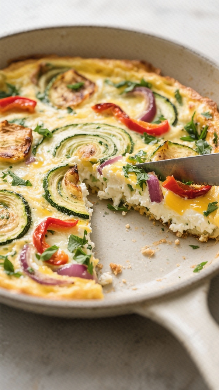 Transform Leftovers Into Gourmet Meals: Best Recipes to Try Tonight Close-up slice-and-pan shot of a roasted veg frittata with herby ricotta swirls: custardy eggs studded with caramelized zucchini, roasted peppers, and red onions, swirls of green-flecked ricotta (parsley, basil) marbled across the surface; edges puffed and lightly browned; slice lifted to show tender interior, crumbs of ricotta and herbs on the knife; neutral ceramic, bright morning light.