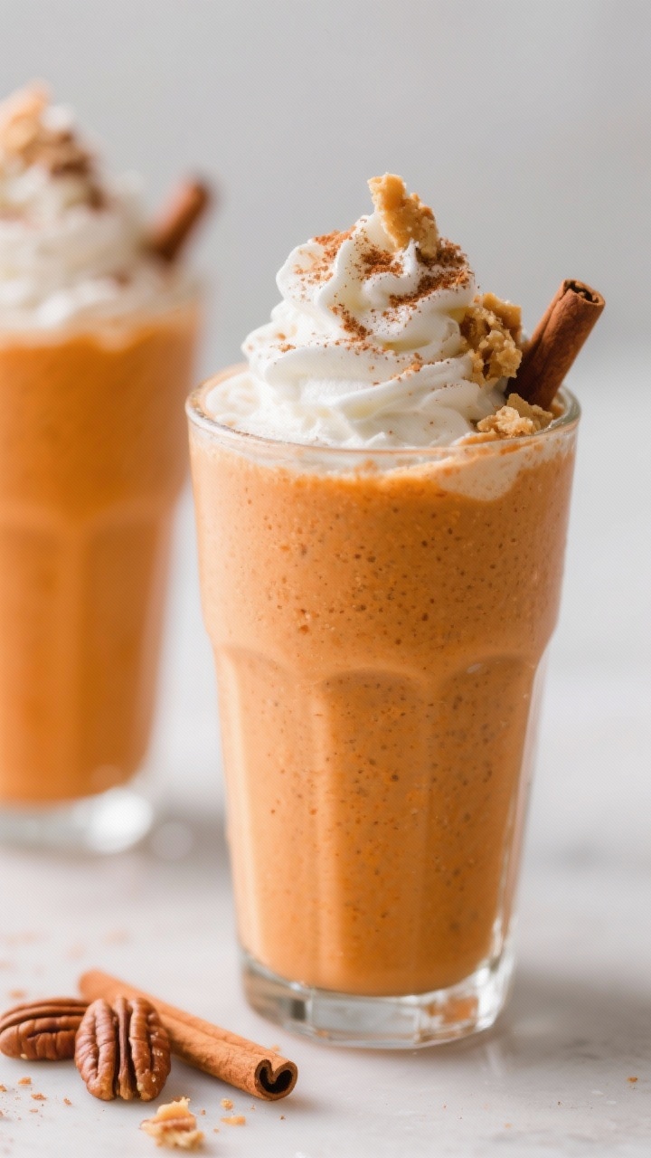 Family-friendly Thanksgiving Leftover Ideas Even Picky Eaters Will Love—no Complaints, Just Seconds Close-up smoothie-glass beauty shot: sweet potato pie milkshakes poured into chilled glasses, thick and velvety with a sunset-orange hue from leftover sweet potato casserole or pie blended with vanilla ice cream, milk, ground cinnamon, and nutmeg; topped with whipped cream, cinnamon dusting, and a small crumble of pie crust or candied pecans at the rim; soft highlights to emphasize creaminess, minimal background, dessert-heaven mood.