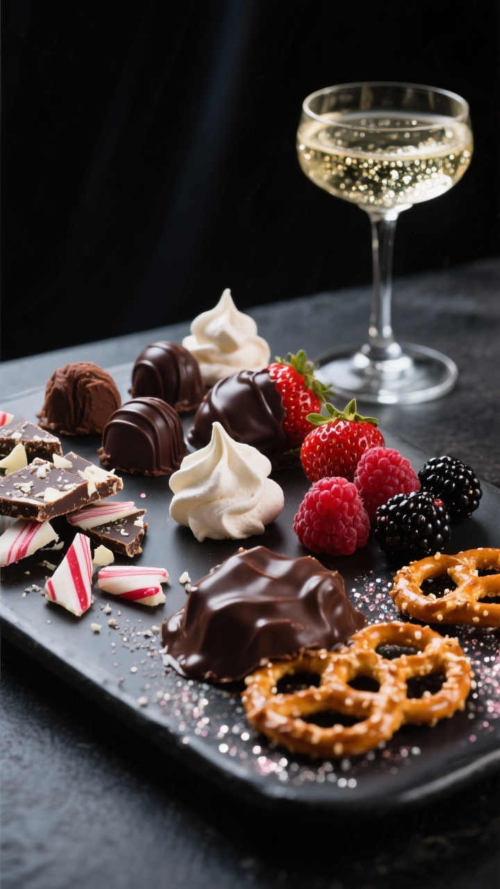 15 Festive Christmas Charcuterie Board Ideas for Holiday Parties That Wow Close-up sparkling dessert board beside a chilled coupe of bubbles: jagged peppermint bark shards, dark chocolate truffles, vanilla meringue kisses, chocolate-dipped strawberries, raspberries and blackberries, and chocolate-covered pretzels; sugar sparkle and glossy chocolate highlights; moody dark background for contrast.